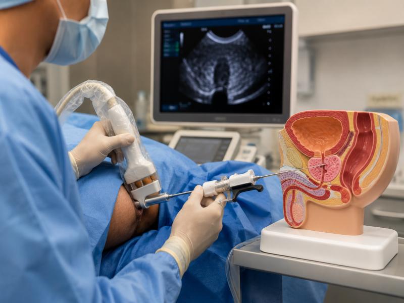 Dr. Akhil S. Mane performing a Prostate Biopsy in Pune using TRUS guided biopsy needle with real-time ultrasound imaging — Leela Superspeciality Hospital, Wakad, PCMC