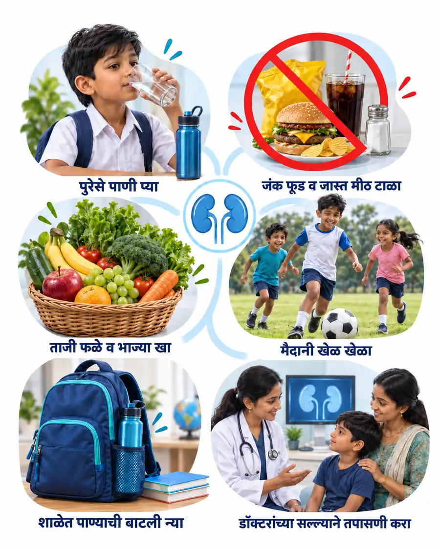 Kidney stone prevention tips for children: drink water, limit salty junk food, eat fruits and vegetables, play outdoors, carry a water bottle, and consult a doctor.